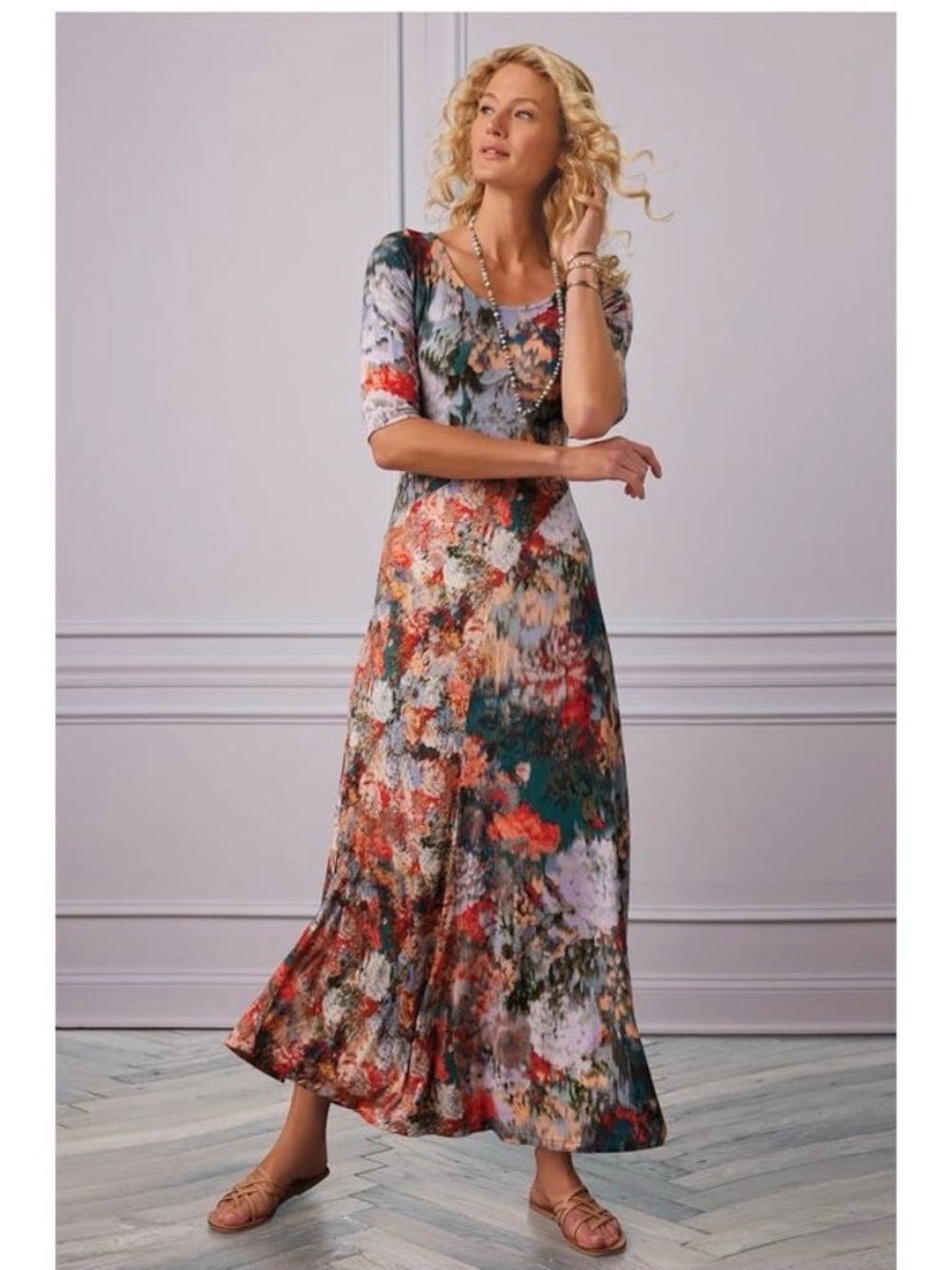 Soft Surroundings Nanette Abstract Floral Dress Jersey Knit Scoop Neck Maxi S